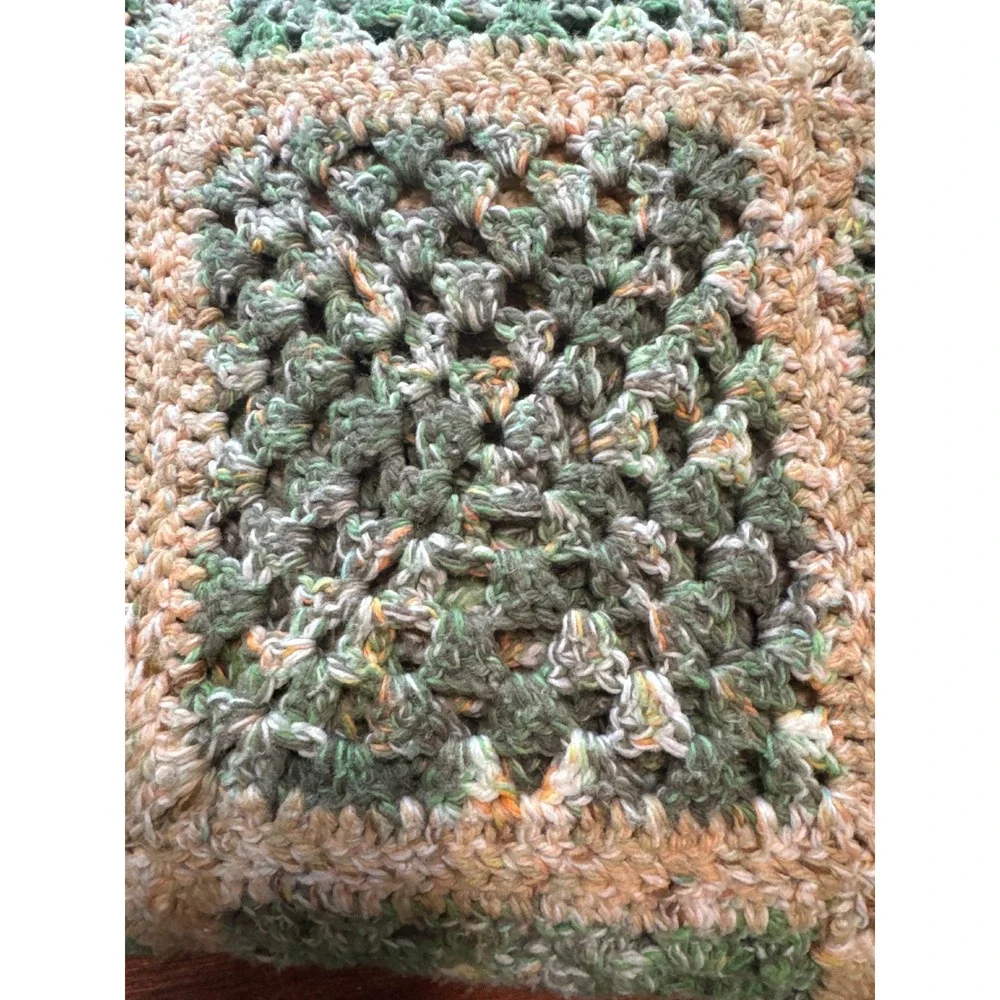 Vintage Handmade Crochet‎ Granny Square Blanket Green Cream Orange Boho Throw
